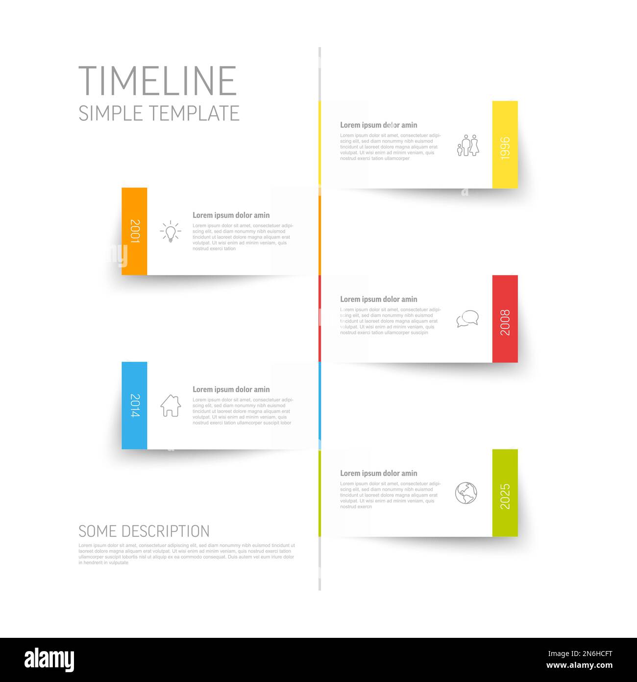 Vector simple infographic vertical time line template with rectangle placeholders. Business company timeline overview profile with icons and text bloc Stock Vector