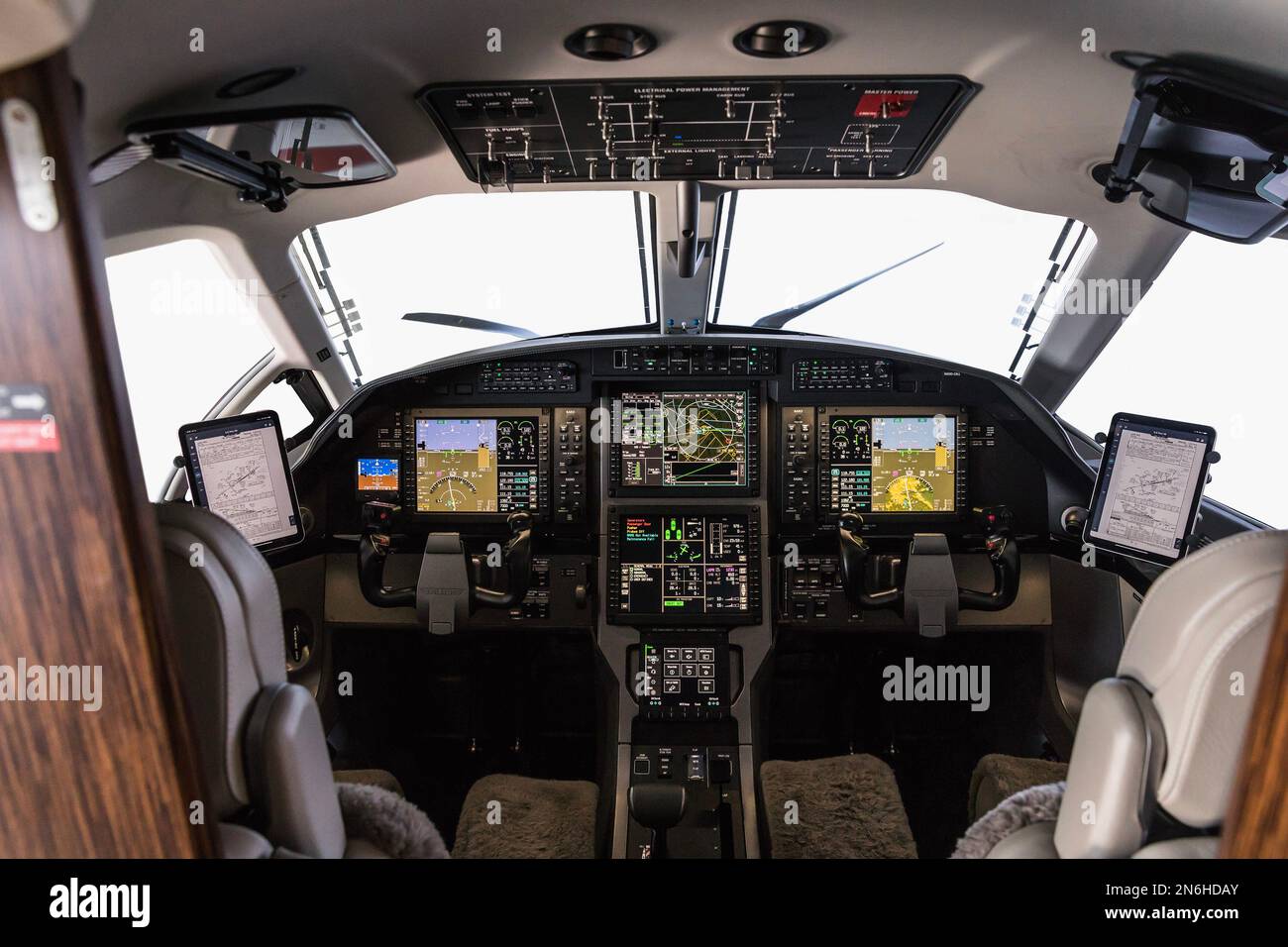 Aircraft interior, view into the cockpit of a modern turboprop aircraft
