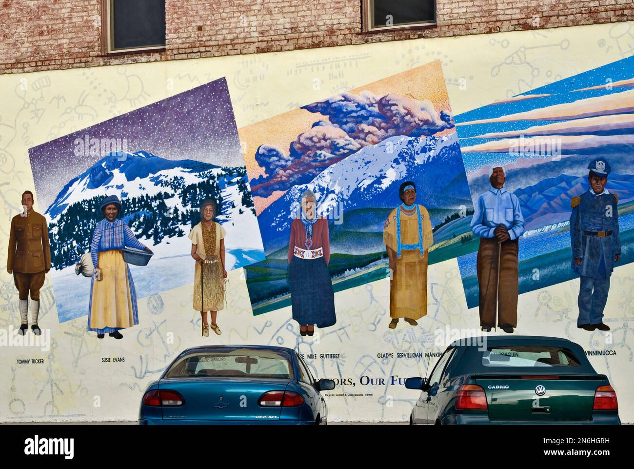 Our Ancestors Our Future mural by Jean LaMarr and Jack Morotte on corner of Main and Lassen streets in Susanville, California, USA Stock Photo