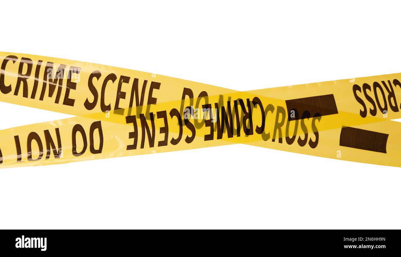 Yellow crime scene tapes isolated on white Stock Photo Alamy