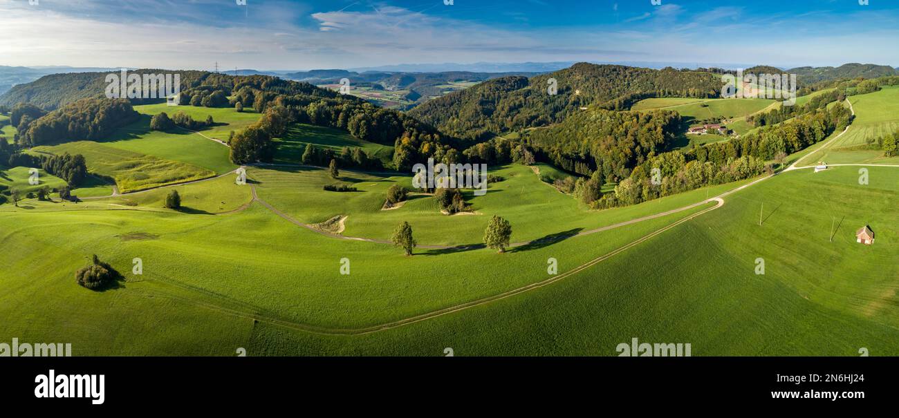 Schafmatt with view into the Jura of Baselland, Black Forest in the background, aerial view, Solothurn, Switzerland Stock Photo