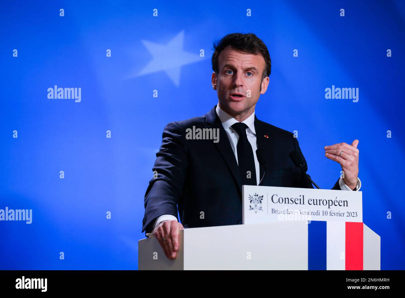 Belgium / Brussels / 10/2/2023  - Nicolas Landemard / Le Pictorium -  Emmanuel Macron press conference -  10/2/2023  -  Belgium / Brussels / Brussels  -  French President Emmanuel Macron held a press conference at the end of the extraordinary EU summit in the Belgian capital. Stock Photo