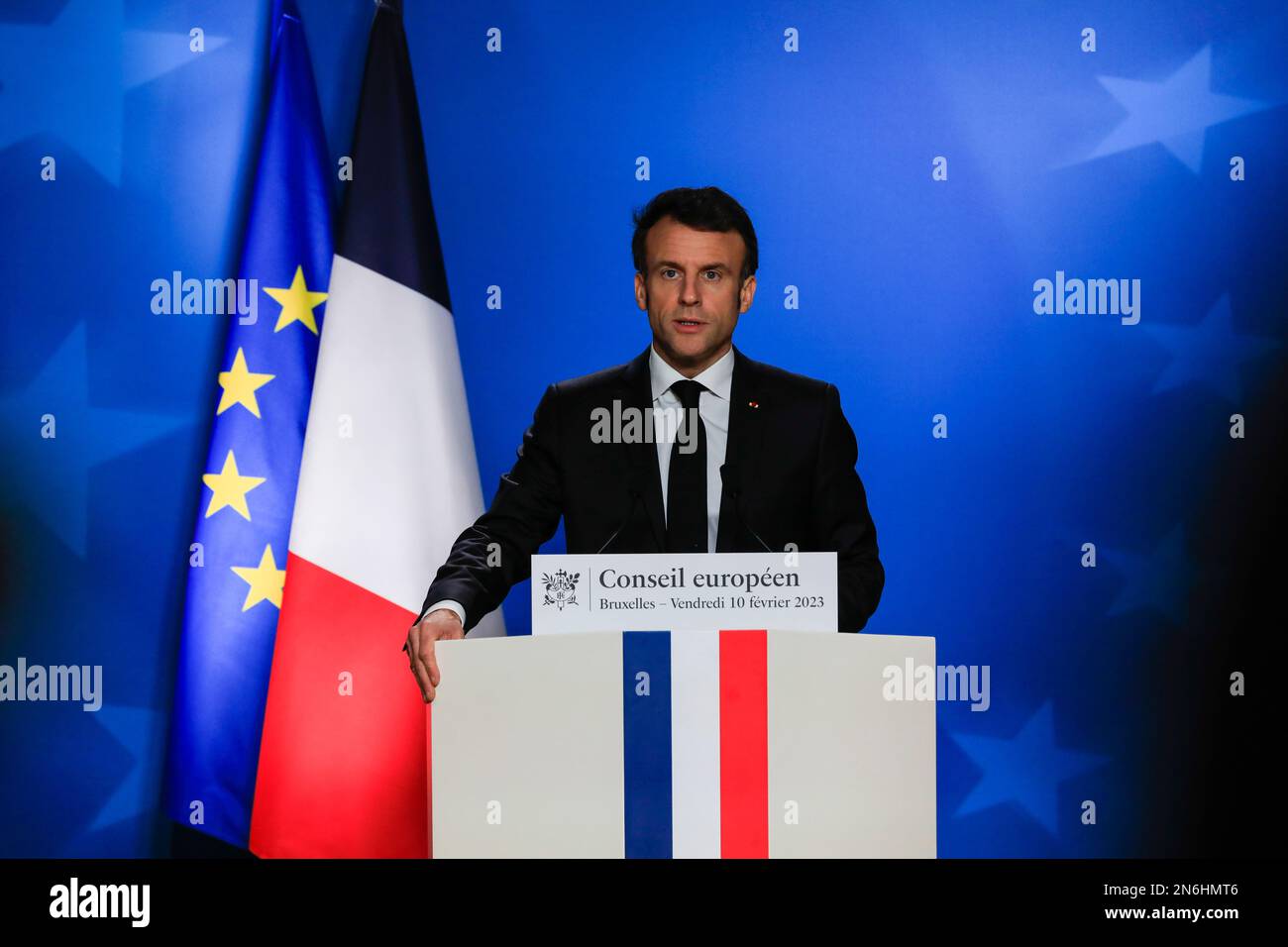 Belgium / Brussels / 10/2/2023  - Nicolas Landemard / Le Pictorium -  Emmanuel Macron press conference -  10/2/2023  -  Belgium / Brussels / Brussels  -  French President Emmanuel Macron held a press conference at the end of the extraordinary EU summit in the Belgian capital. Stock Photo