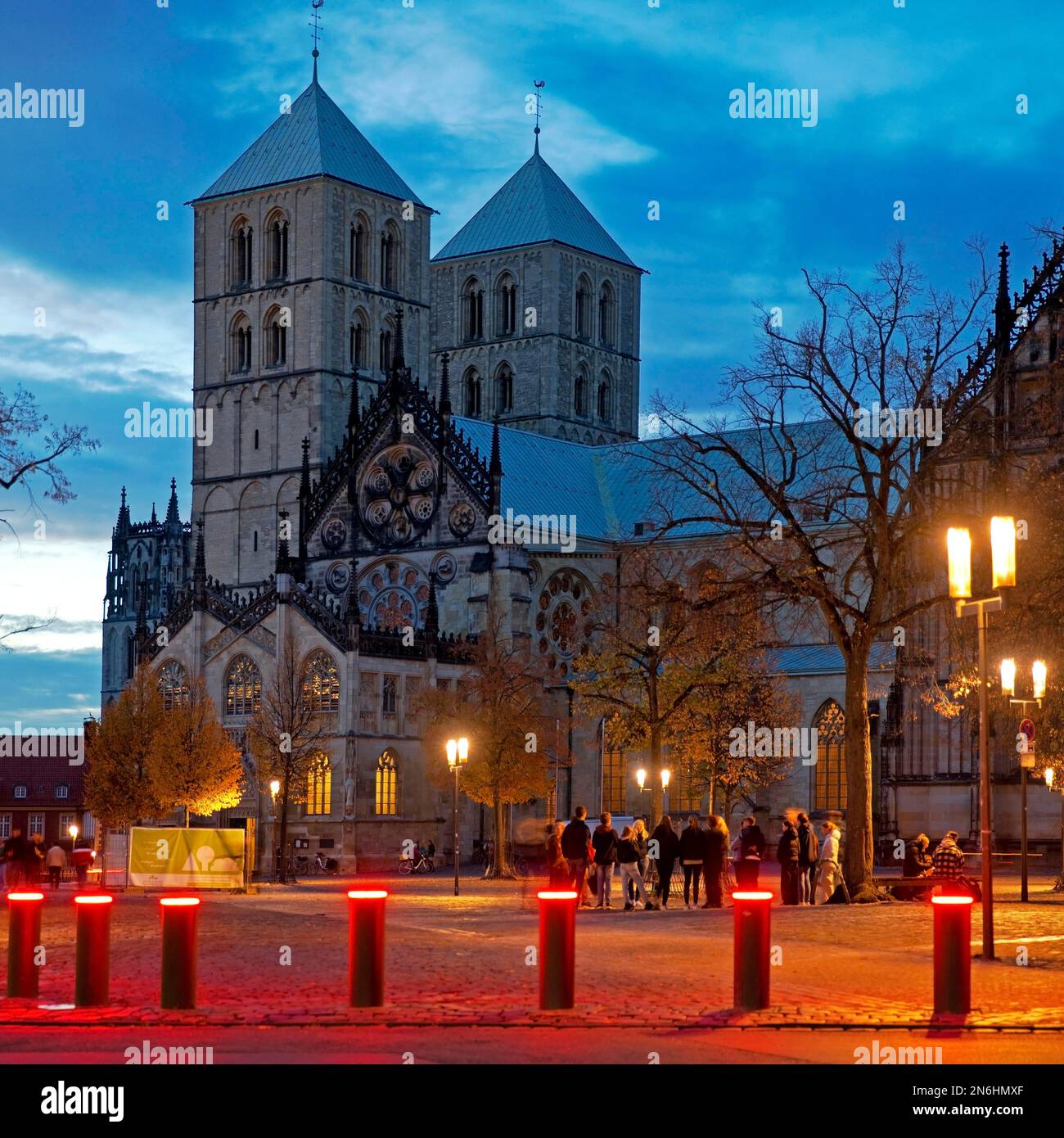 Red luminous bollards on the Domplatz with St. Pauls Cathedral ...