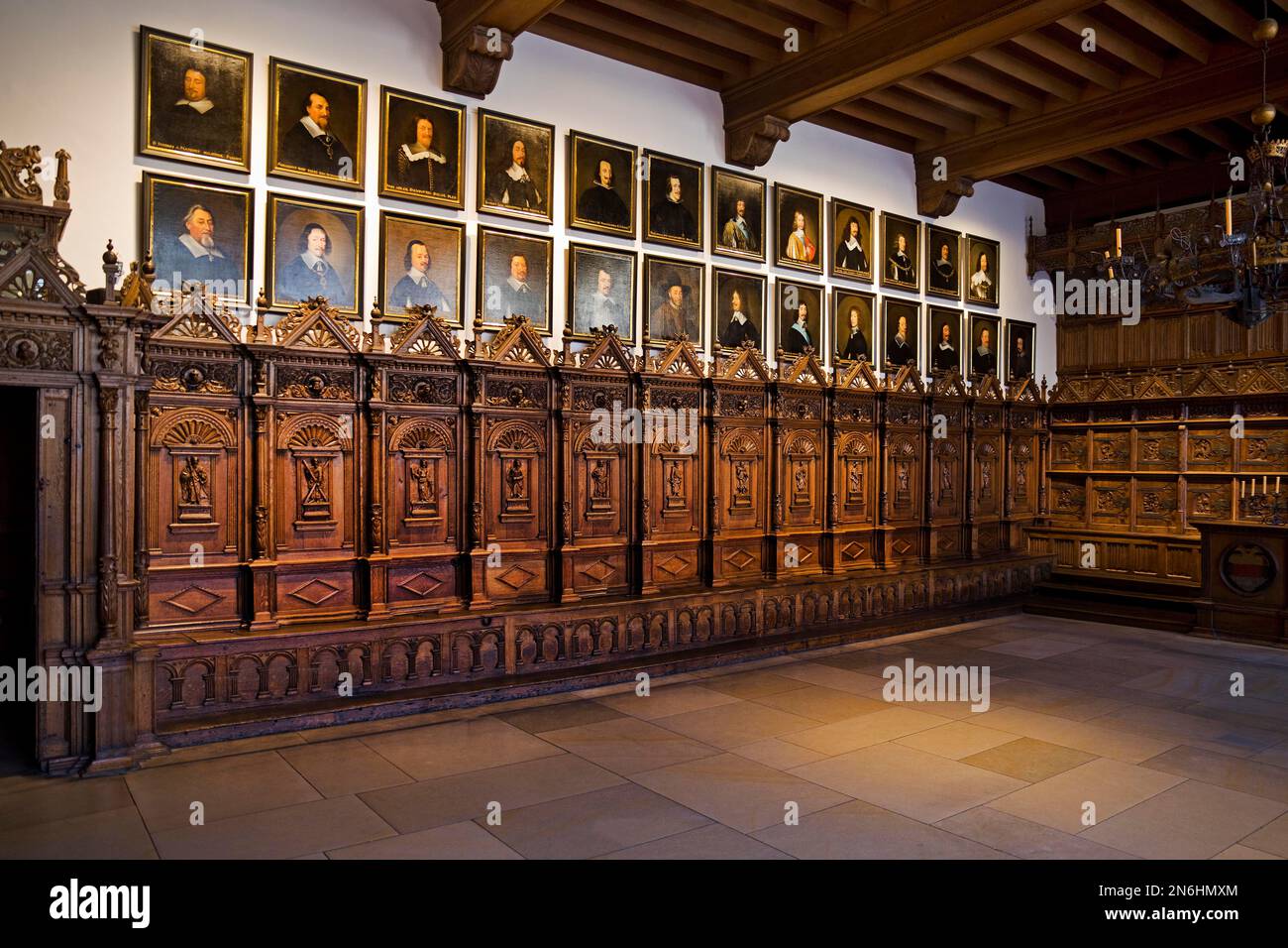 West wall of the Peace Hall with the portraits, Peace of Westphalia, City Hall, Muenster, Muensterland, North Rhine-Westphalia, Germany Stock Photo