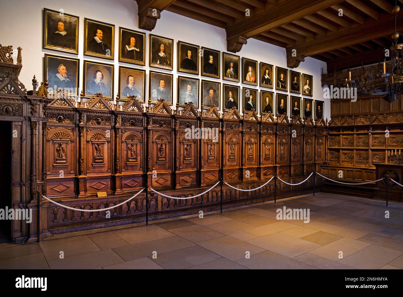 West wall of the Peace Hall with the portraits, Peace of Westphalia, City Hall, Muenster, Muensterland, North Rhine-Westphalia, Germany Stock Photo