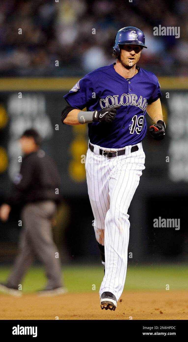 May 4 2022: Colorado designated hitter Charlie Blackmon (19) gets a hit  during the game with Washington Nationals and Colorado Rockies held at  Coors Field in Denver Co. David Seelig/Cal Sport Medi