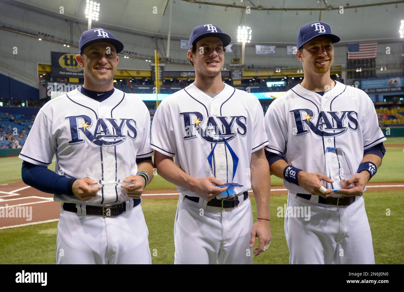 Tampa Bay Rays' Evan Longoria, left, Wil Myers, center, and Ben Zobrist ...