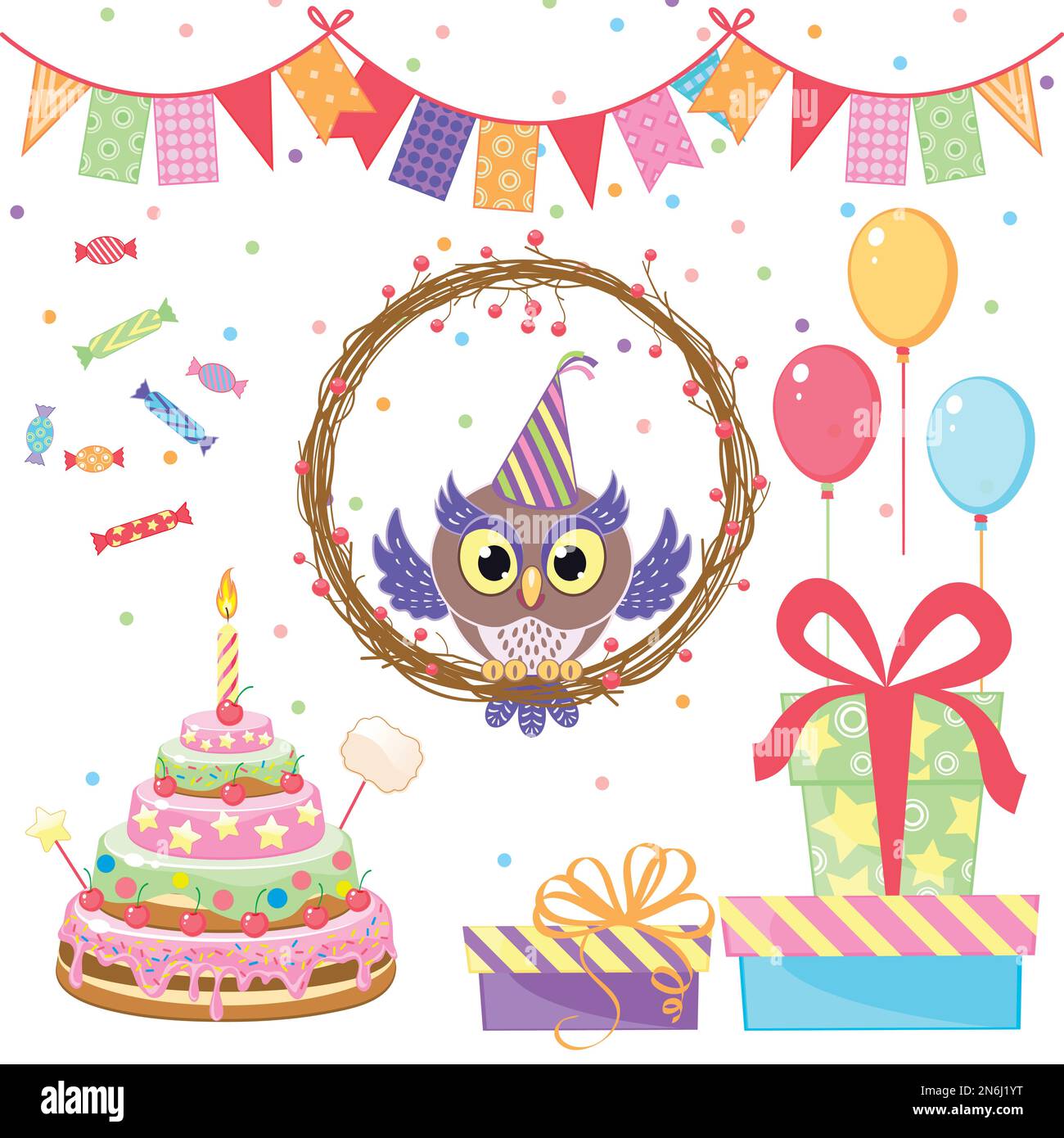 congratulatory set with funny owl and cake isolated on white background Stock Vector