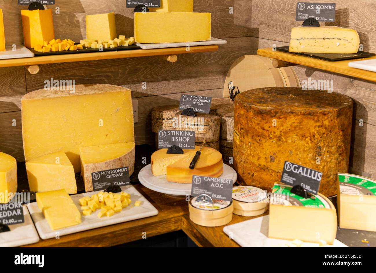 Variety of cheeses on display in cheese room of farm shop, Suffolk