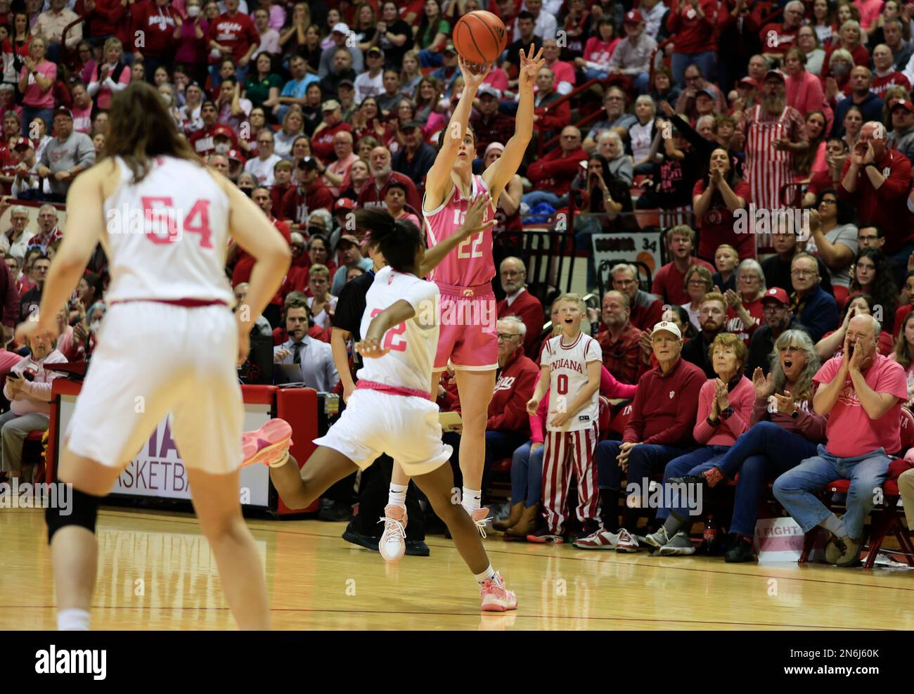 Bloomington, United States. 09th Feb, 2023. Iowa Hawkeyes guard Caitlin Clark (22) attempts a three pointer against Indiana University during an NCAA women's basketball game at Simon Skjodt Assembly Hall in Bloomington. The Hoosiers beat the Hawkeyes 87-78. Credit: SOPA Images Limited/Alamy Live News Stock Photo