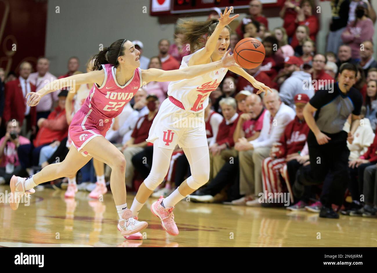 Bloomington, United States. 09th Feb, 2023. Iowa Hawkeyes guard Caitlin Clark (22) plays against Indiana Hoosiers guard Yarden Garzon (12) during an NCAA women's basketball game at Simon Skjodt Assembly Hall in Bloomington. The Hoosiers beat the Hawkeyes 87-78. (Photo by Jeremy Hogan/SOPA Images/Sipa USA) Credit: Sipa USA/Alamy Live News Stock Photo