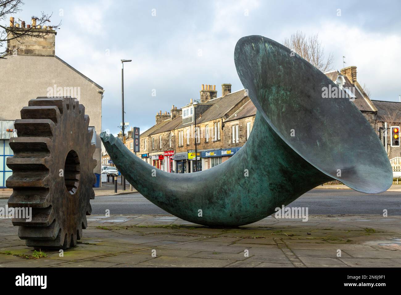 Bronze sculpture of cog and horn by Andrew Burton, Fountain Green
