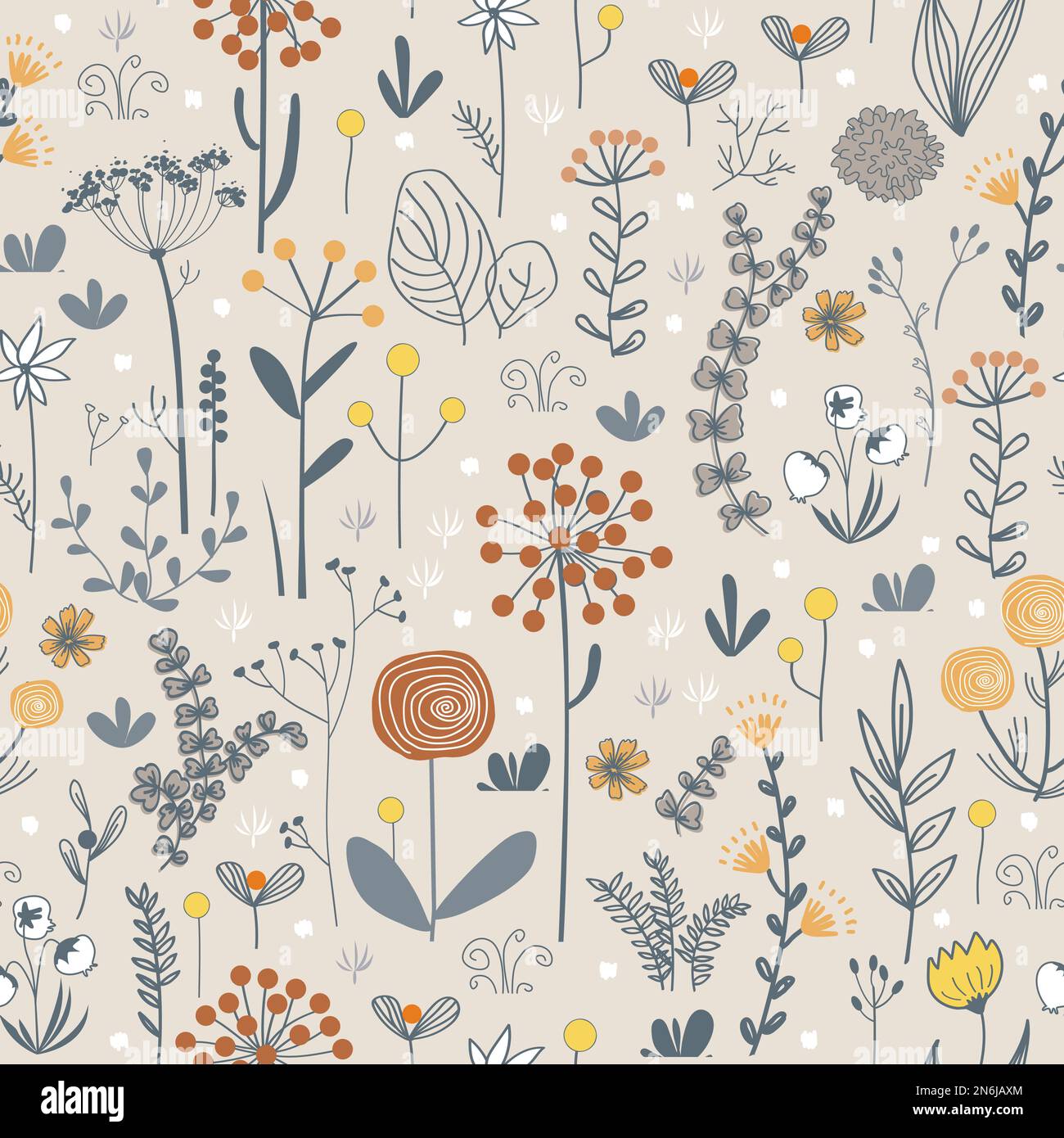 Meadow flowers and herbs boho seamless pattern. Blooming grass doodle ...