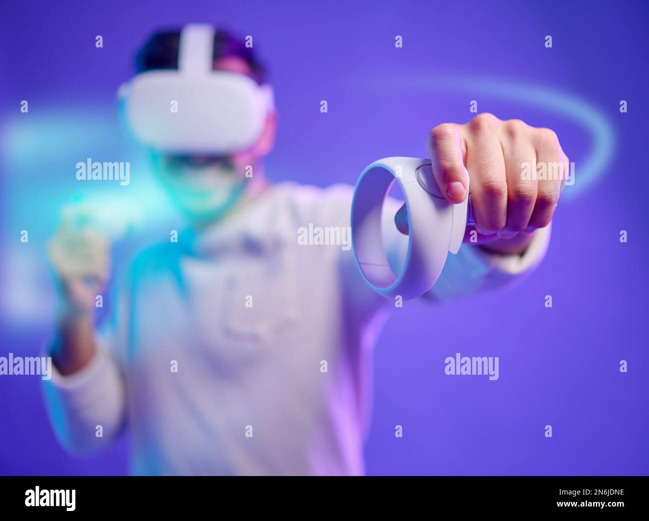 Virtual reality, metaverse and man fight on game with vr glasses for