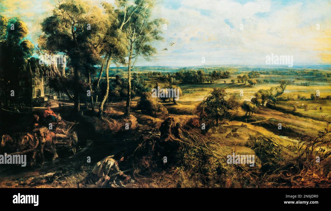 Sir Peter Paul Rubens, A View Of Het Steen In The Early Morning, Also Called Chateau De Steen With Hunter. Rare Example Of A Work Painted For Artist's Stock Photo