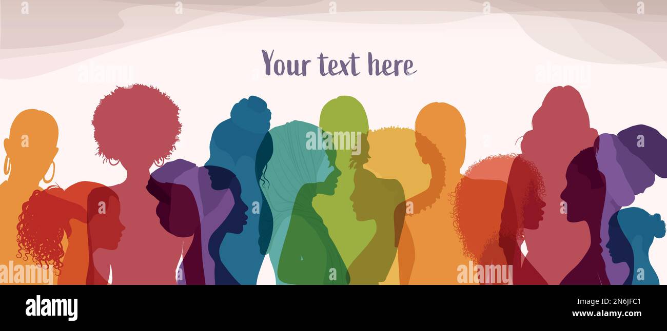 Multicultural women and girls. Portrait front and profile view silhouette. Women's day.Female social community of diverse culture.Equality. Colleagues Stock Vector