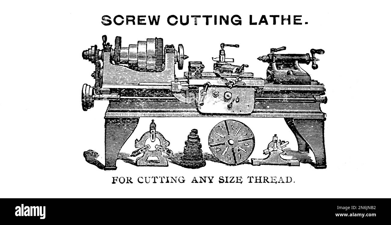 Screw Cutting Lathe From Otto Stephenson's illustrated practical test, examination and ready reference book for stationary, locomotive and marine engineers, firemen, electricians and machinists, to procure steam engineer's licence Published in Chicago, W. G. Kraft in 1891 Stock Photo