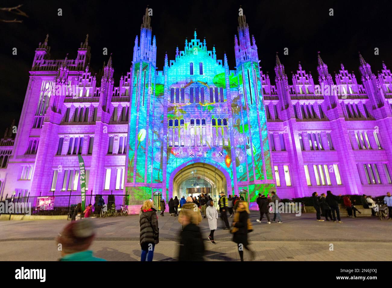 Views of illuminated art installations at 2023 Spectra Festival of