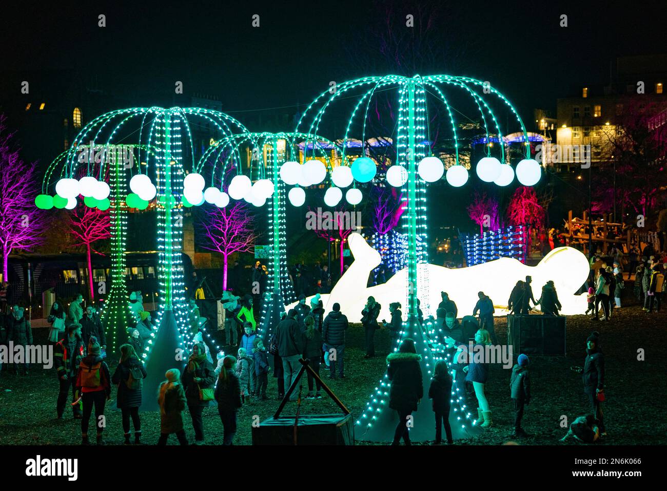 Views of illuminated art installations at 2023 Spectra Festival of