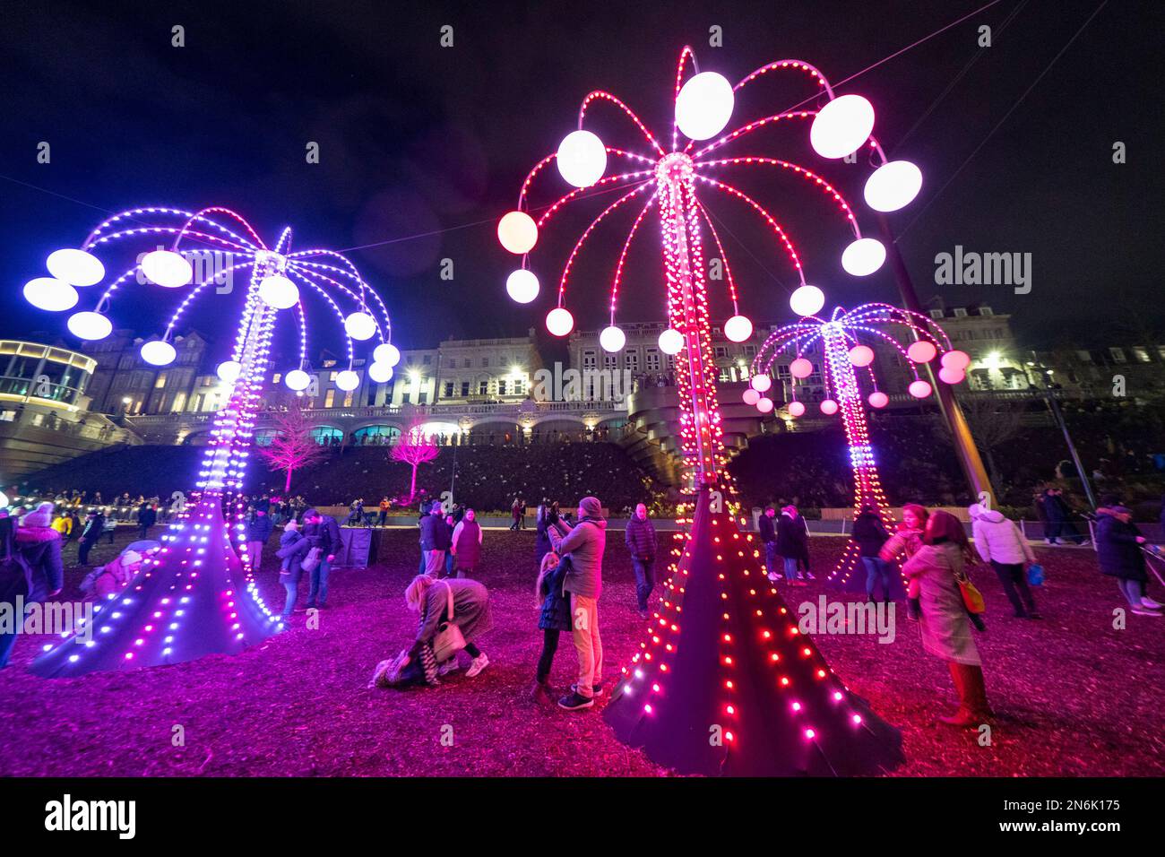 Views of illuminated art installations at 2023 Spectra Festival of