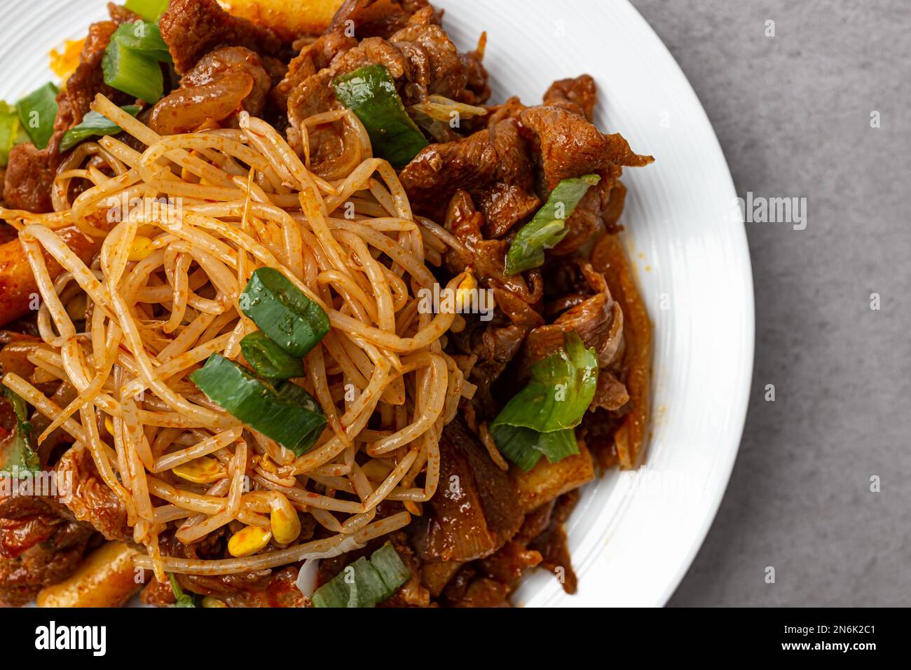 Bulgogi Seasoned with Gochujang. Foods with Pork and Bean Sprouts