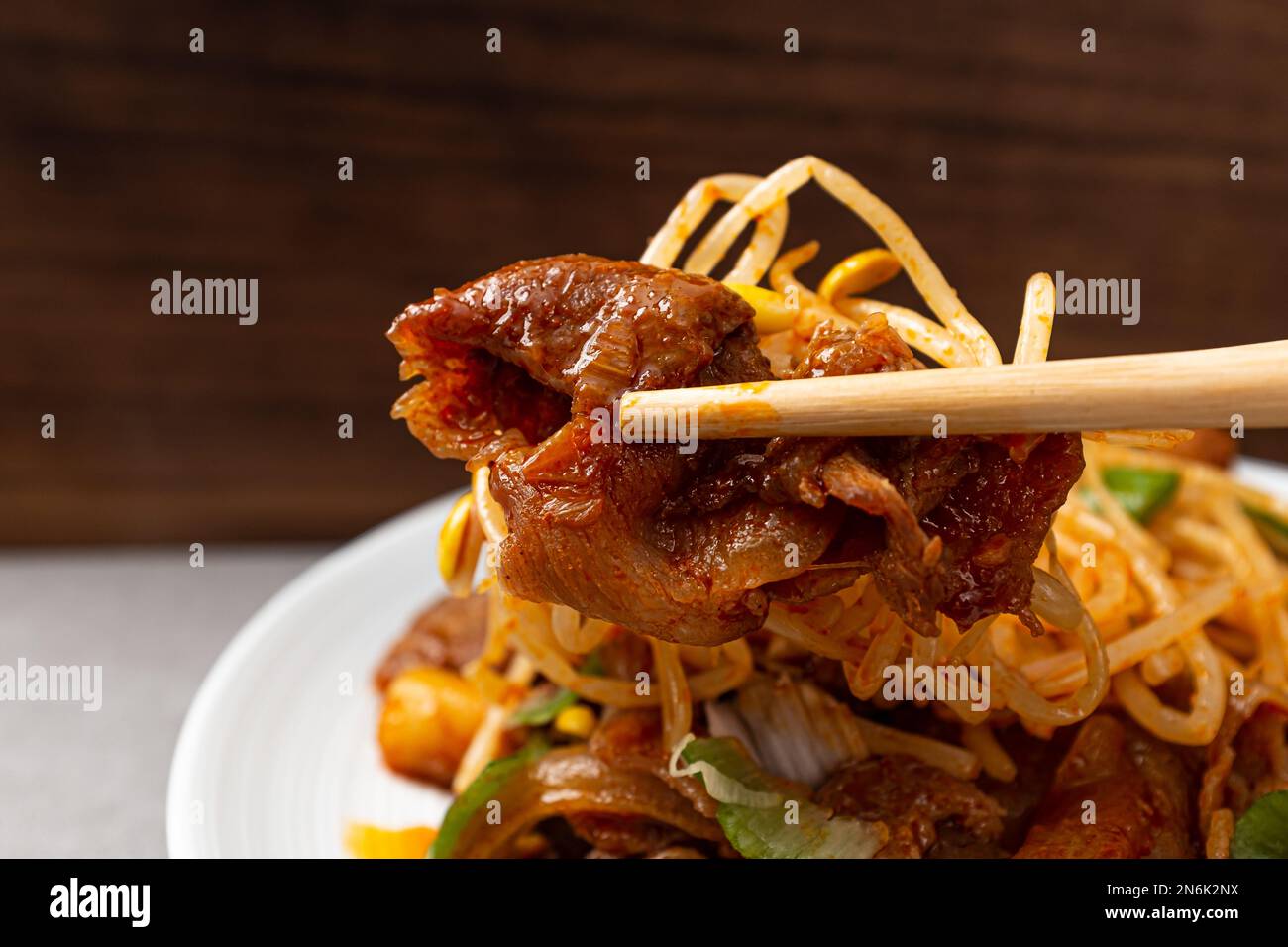 Bulgogi Seasoned with Gochujang. Foods with Pork and Bean Sprouts