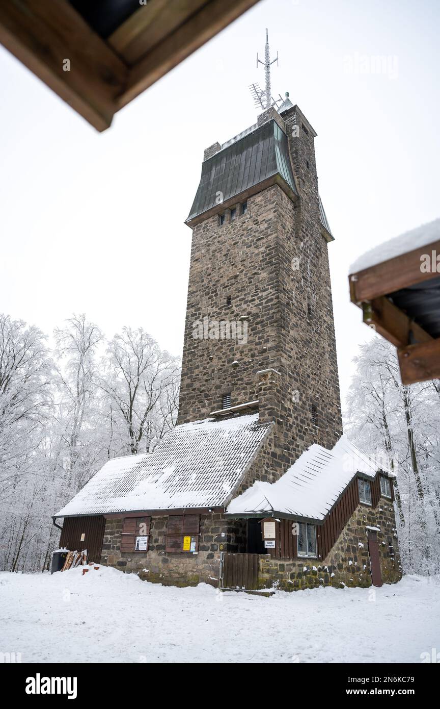 Kaiserturm (Lautertal) in Odenwald Neunkircher Hoehe during winter with lots of snow, view from low angle Stock Photo