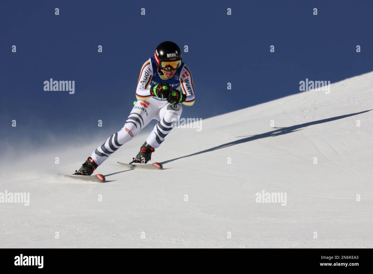 Germany's Kira Weidle speeds down the course during an alpine ski