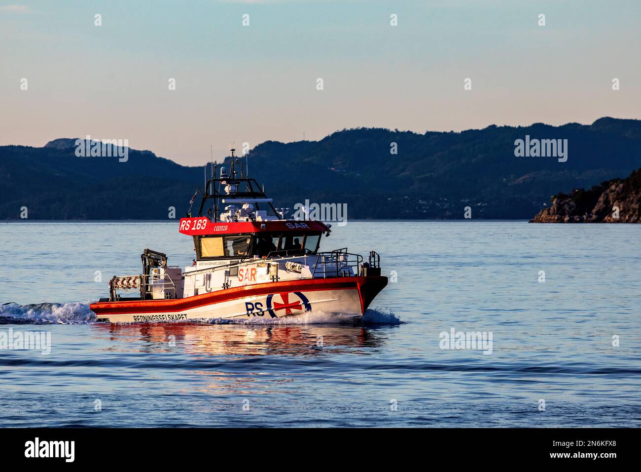 High speed  sea rescue boat Kristian Gerhard Jebsen II at Byfjorden, arriving at port of Bergen, Norway. Stock Photo