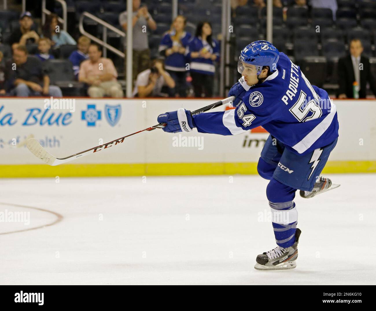 Tampa Bay Lightning center Cedric Paquette warms up before a NHL