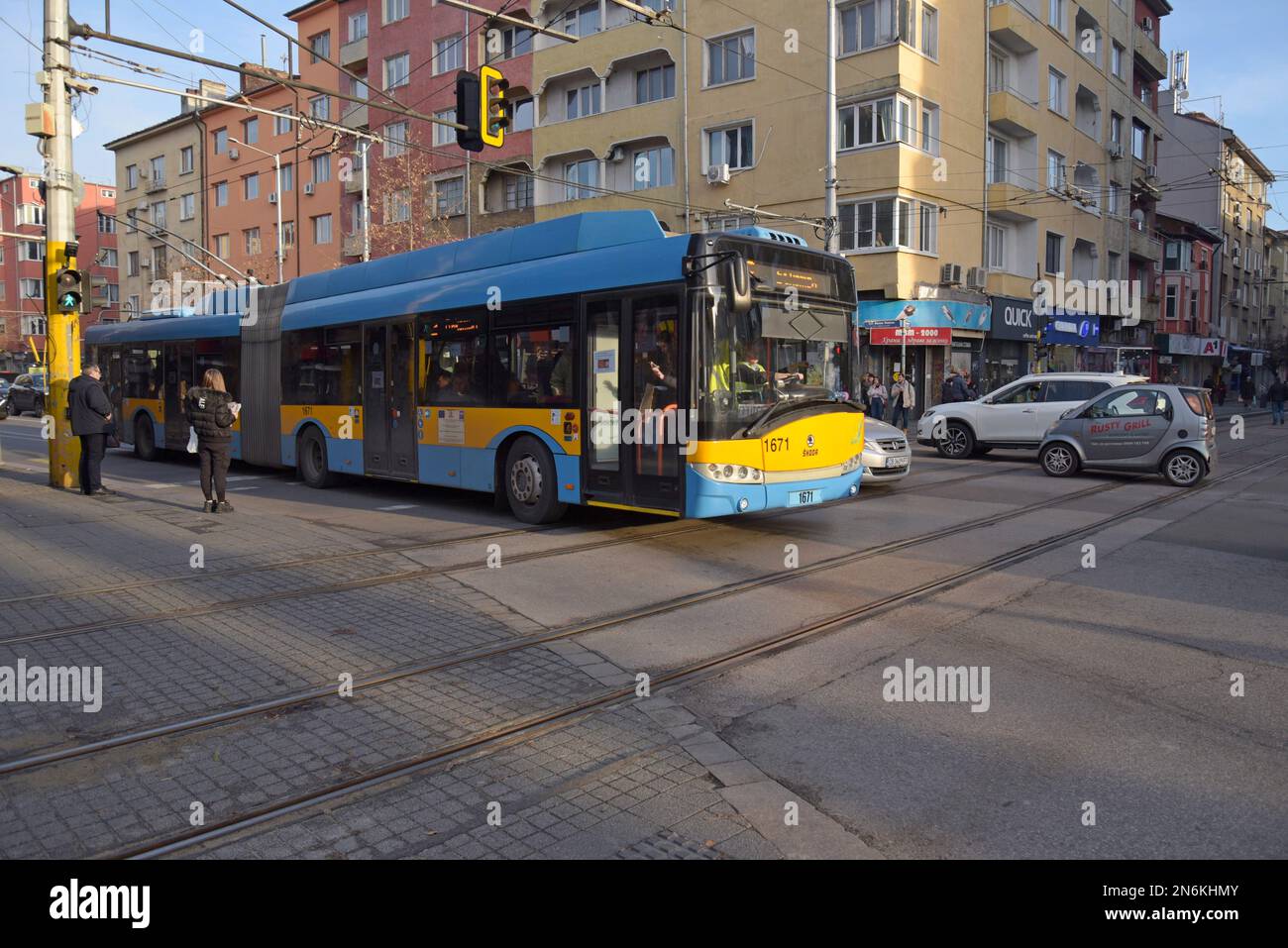 A Skoda electric trolleybus on the streets of Sofia, Bulgaria Stock Photo
