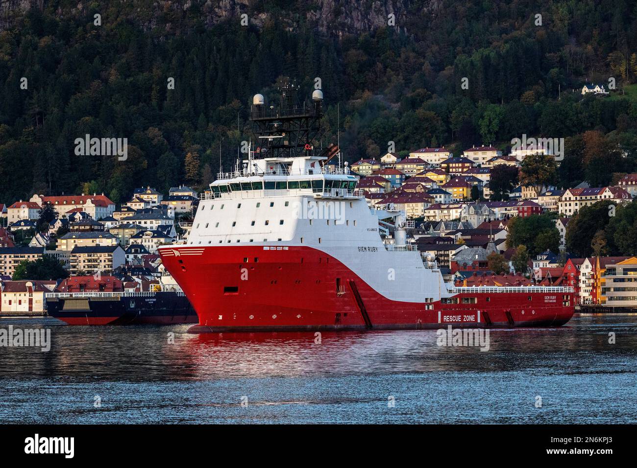 Offshore AHTS anchor handling tug supply vessel Siem Ruby at Byfjorden, in  the port of Bergen, Norway. Stock Photo