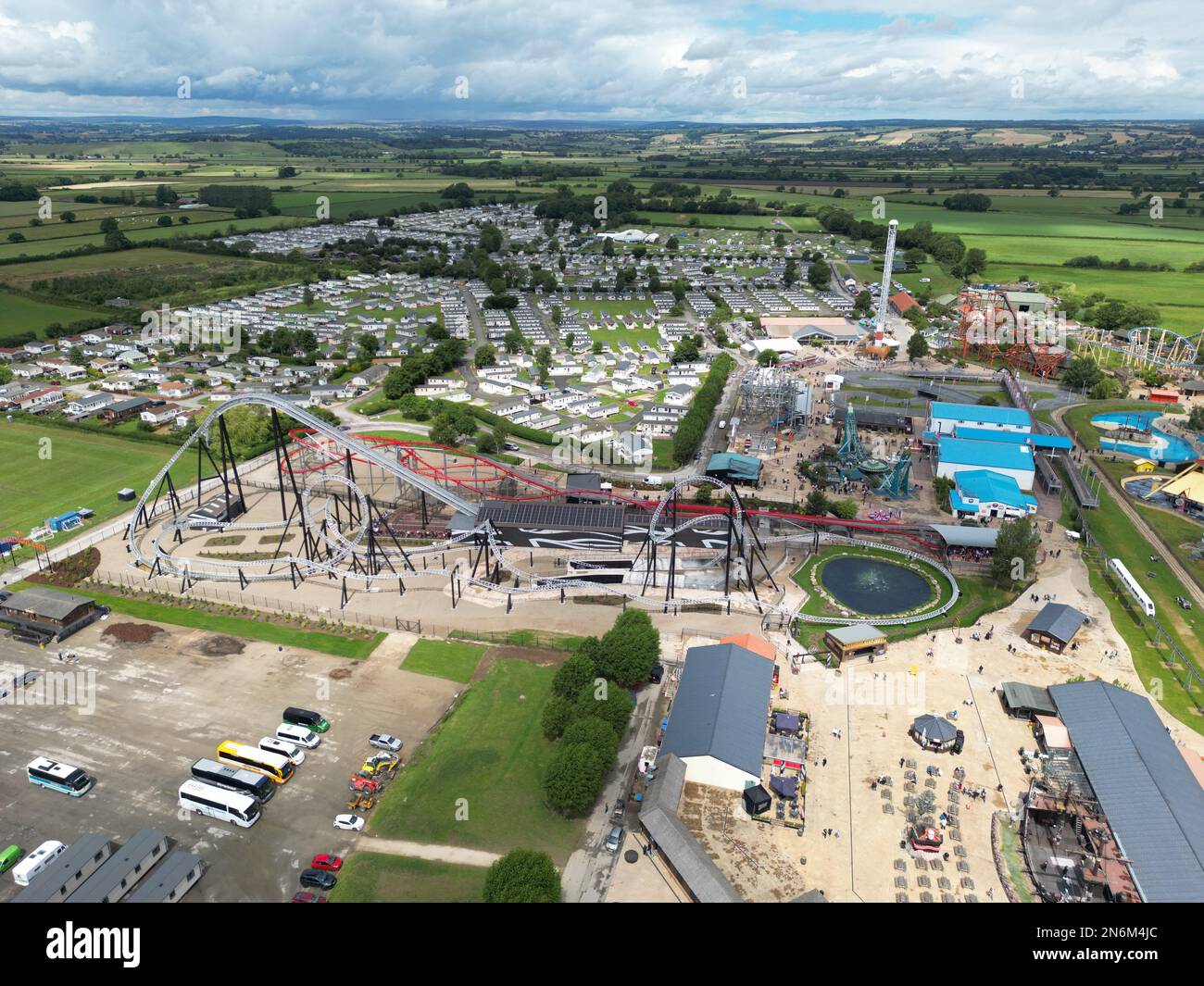 Aerial view of Flamingo Land Resort theme park in Yorkshire, UK. Large