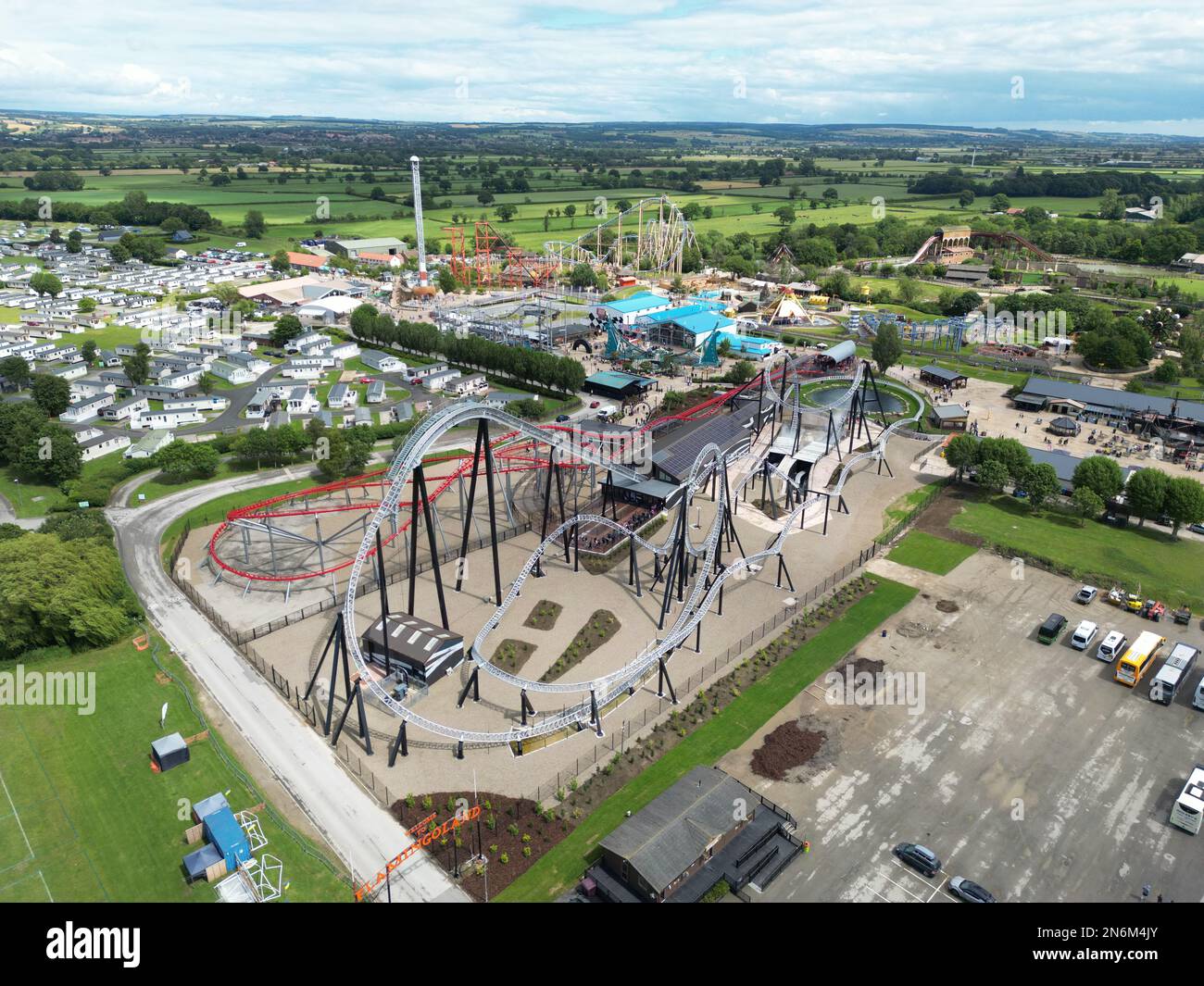 Aerial view of Flamingo Land Resort theme park in Yorkshire, UK. Large