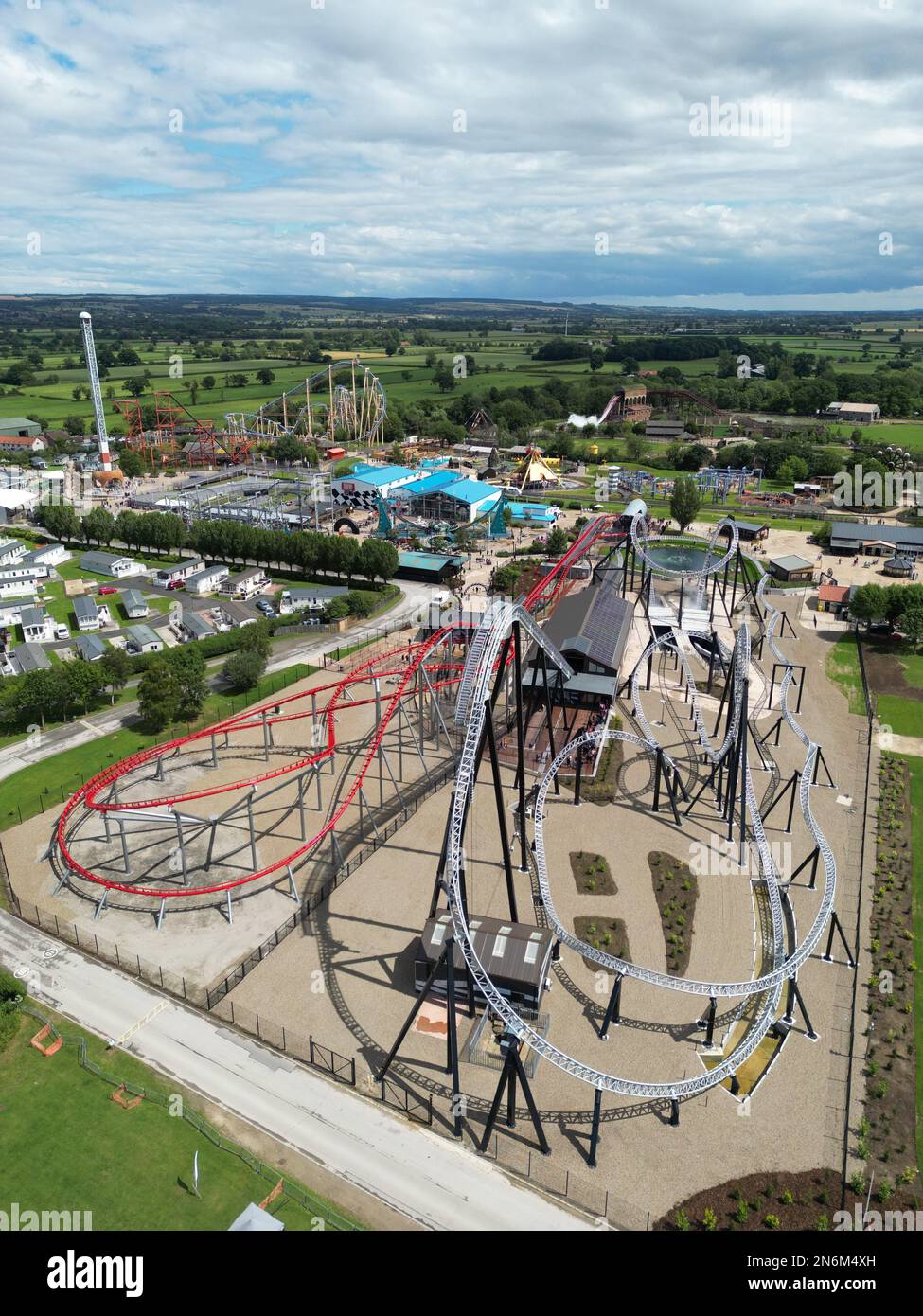 Aerial view of Flamingo Land Resort theme park in Yorkshire, UK. Large rollercoaster is named Aerial view of Flamingo Land Resort theme park in Yorkshire, UK. Large rollercoaster is named