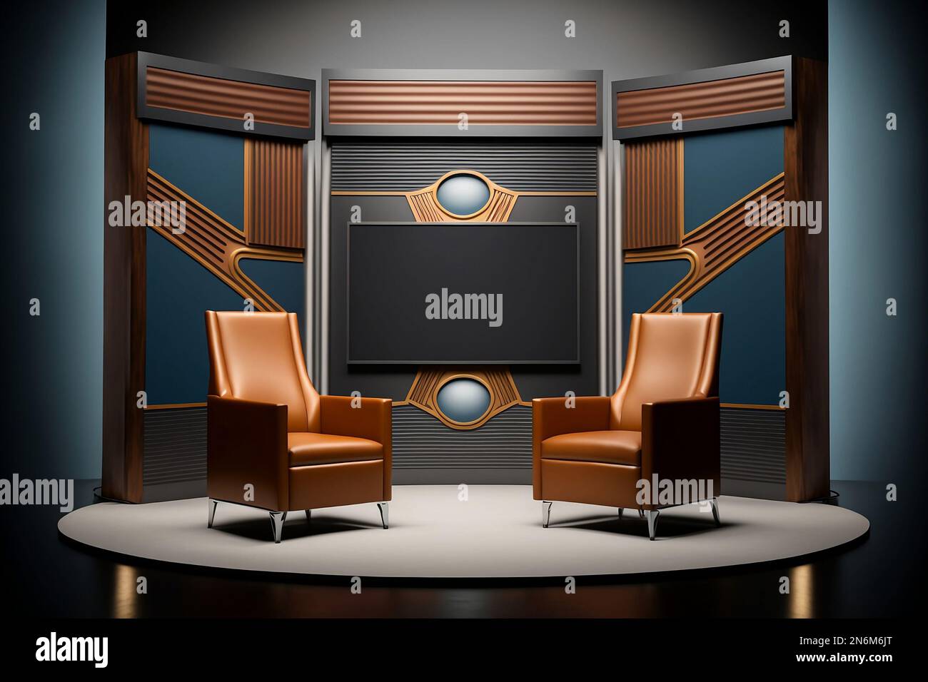 Wood and metal event stage with conference panel chairs, industrial