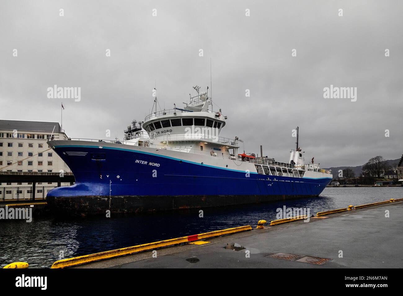 Fish carrier / wellboat Inter Nord in the port of Bergen, Norway. Stock Photo
