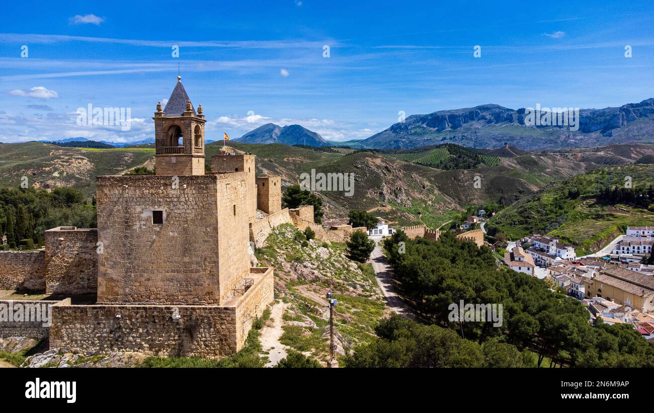 View of Alcazaba fortress with its Tower of Tribute and mountains ...