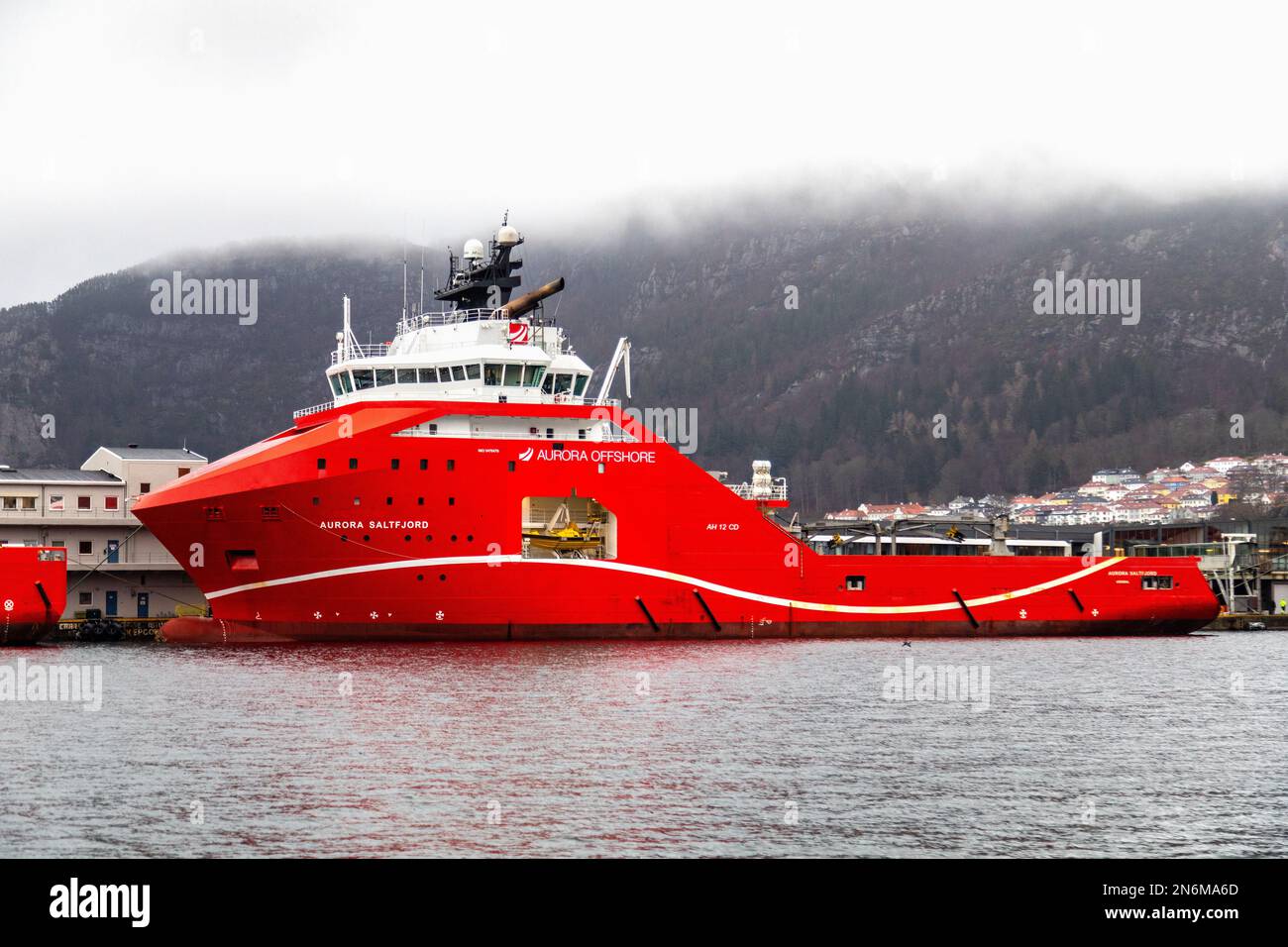 AHTS offshore supply vessel Aurora Saltfjord, at Skoltegrunnskaien terminal in the port of Bergen, Norway. Stock Photo