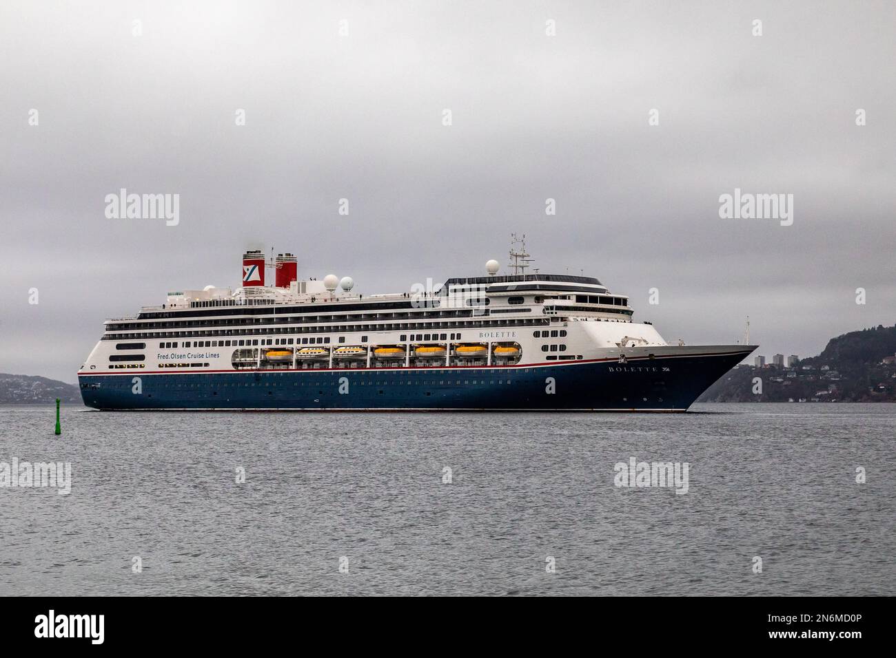 Cruise ship Bolette at Byfjorden, arriving at the port of Bergen, Norway. Stock Photo