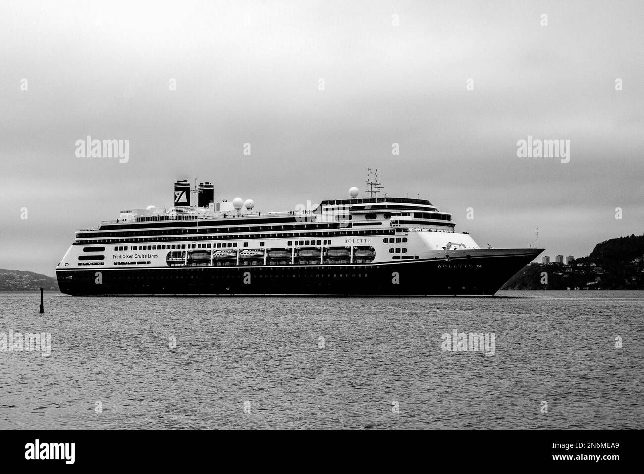 Cruise ship Bolette at Byfjorden, arriving at the port of Bergen, Norway. Stock Photo