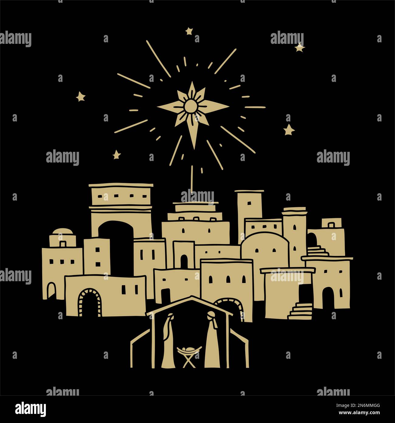 Vector doodle illustration. Star over Bethlehem. Mary, Joseph and baby Jesus in the stable. Stock Vector