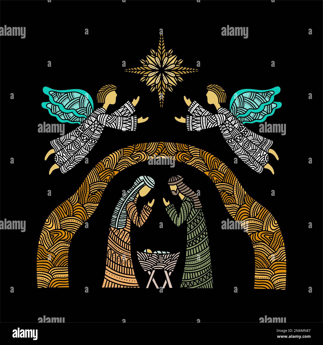 Doodle illustration. The Nativity scene. Joseph and Mary with the baby Jesus. Angels point to the star of Bethlehem. Stock Vector
