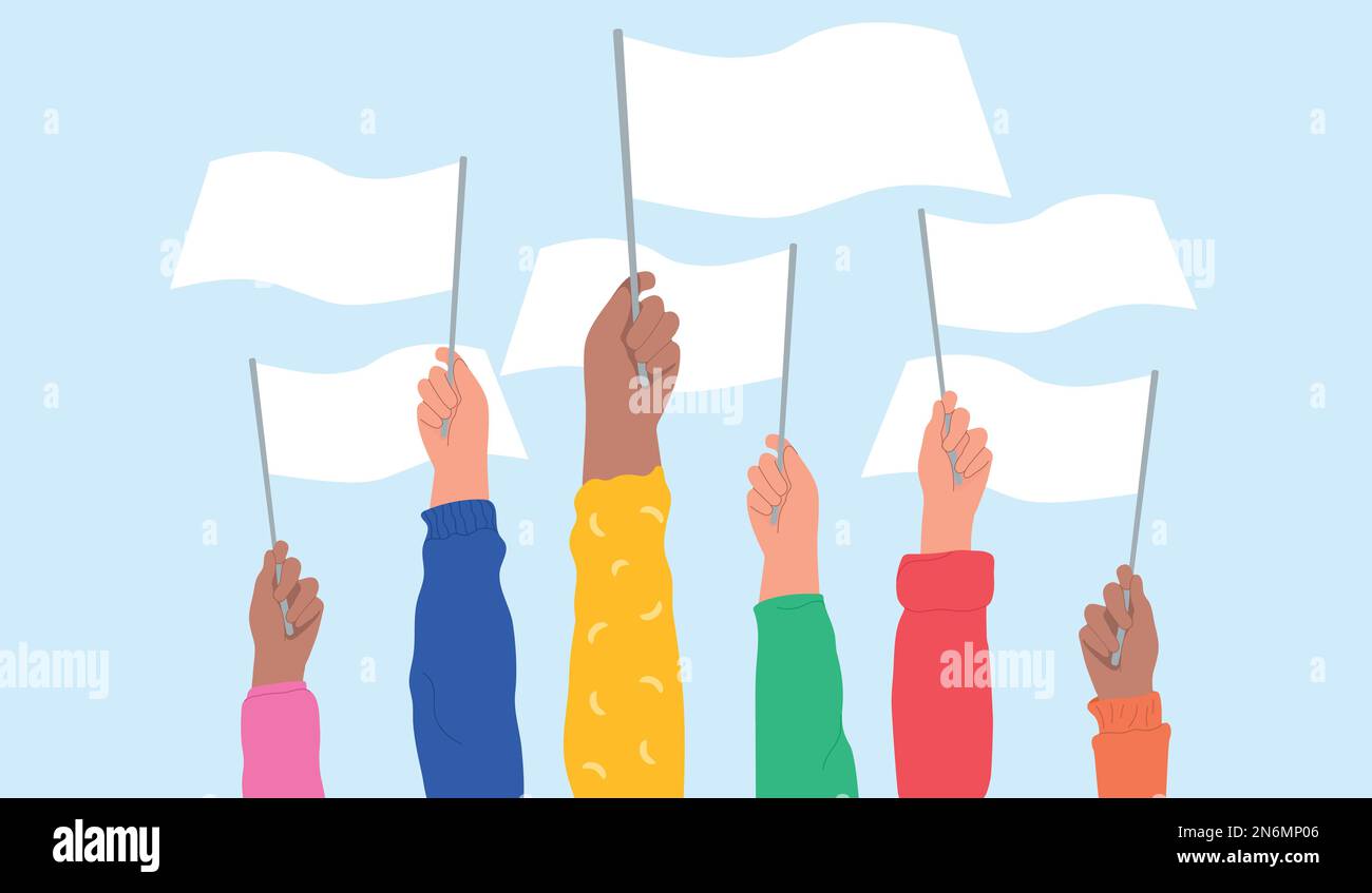 People hold flags in their hands at a demonstration against violence, discrimination, human rights violations. Stock Vector