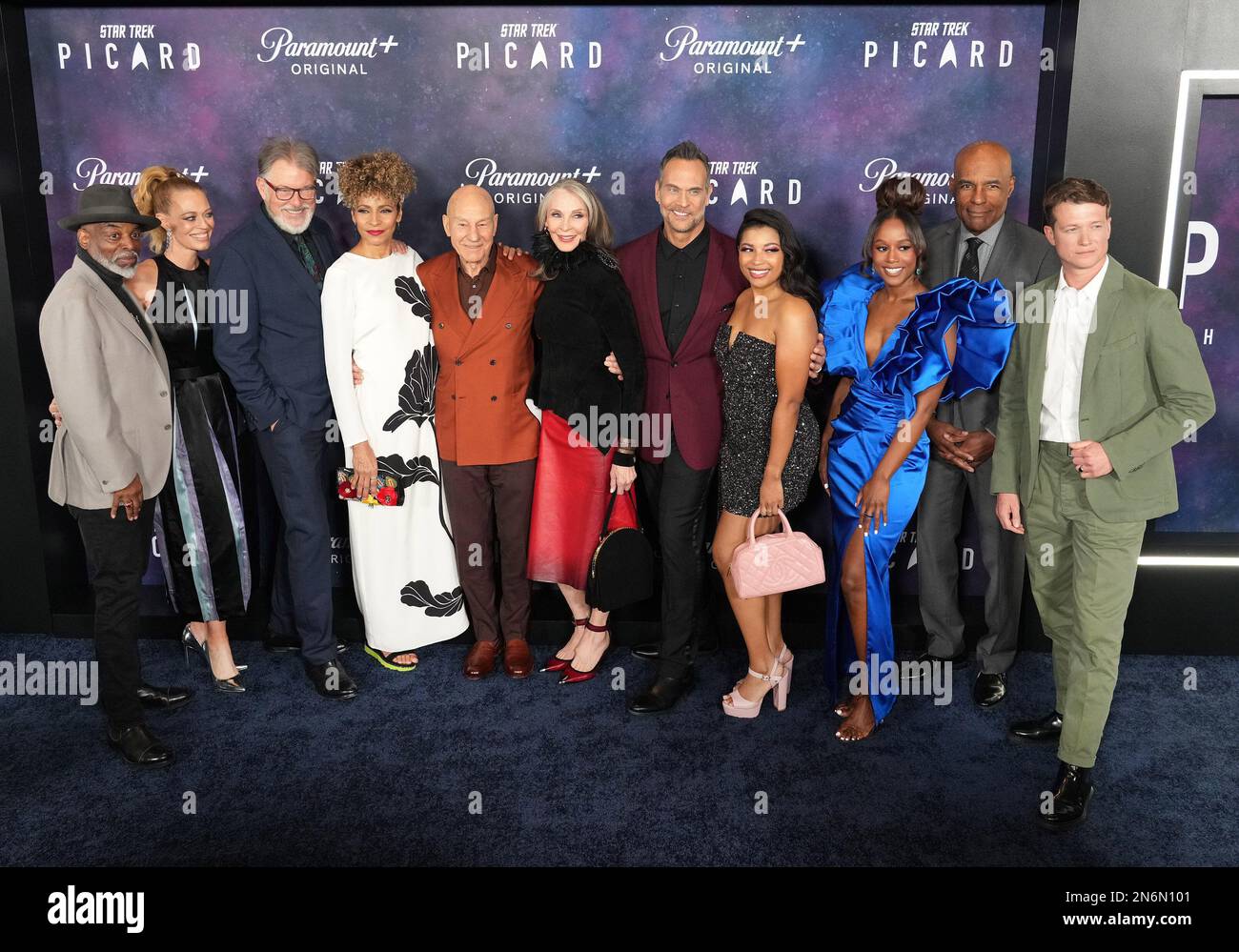 Los Angeles, USA. 09th Feb, 2023. (L-R) STAR TREK: PICARD Cast - LeVar Burton, Jeri Ryan, Jonathan Frakes, Michelle Hurd, Sir Patrick Stewart, Gates McFadden, Todd Stashwick, Mica Burton, Ashlei Sharpe Chestnut, Michael Dorn and Ed Speleers at the Paramount  Original Series' STAR TREK: PICARD Final Season Premiere held at the TCL Chinese Theatre in Hollywood, CA on Thursday, February 9, 2023. (Photo By Sthanlee B. Mirador/Sipa USA) Credit: Sipa USA/Alamy Live News Stock Photo