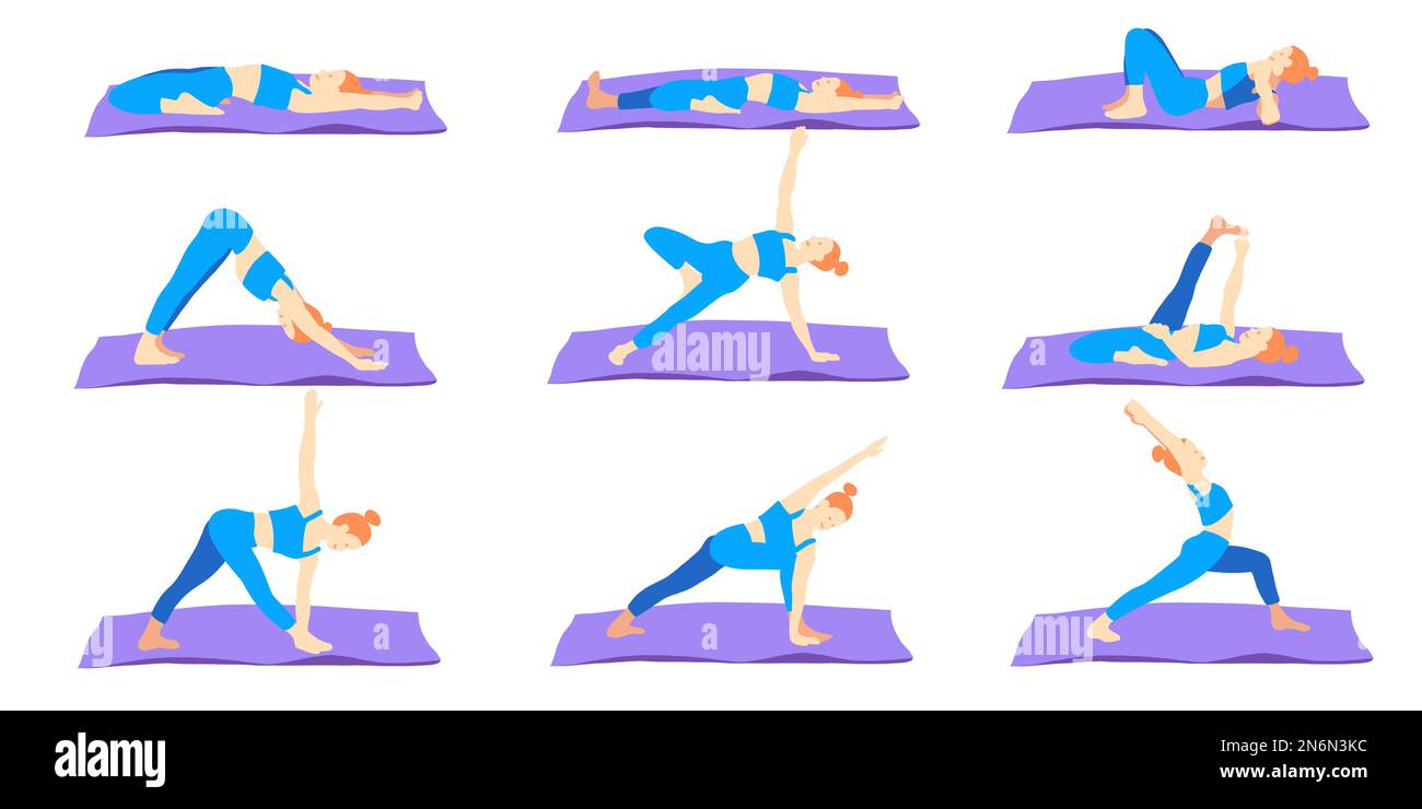 Yoga poses with mat collection. Ginger European female woman girl ...