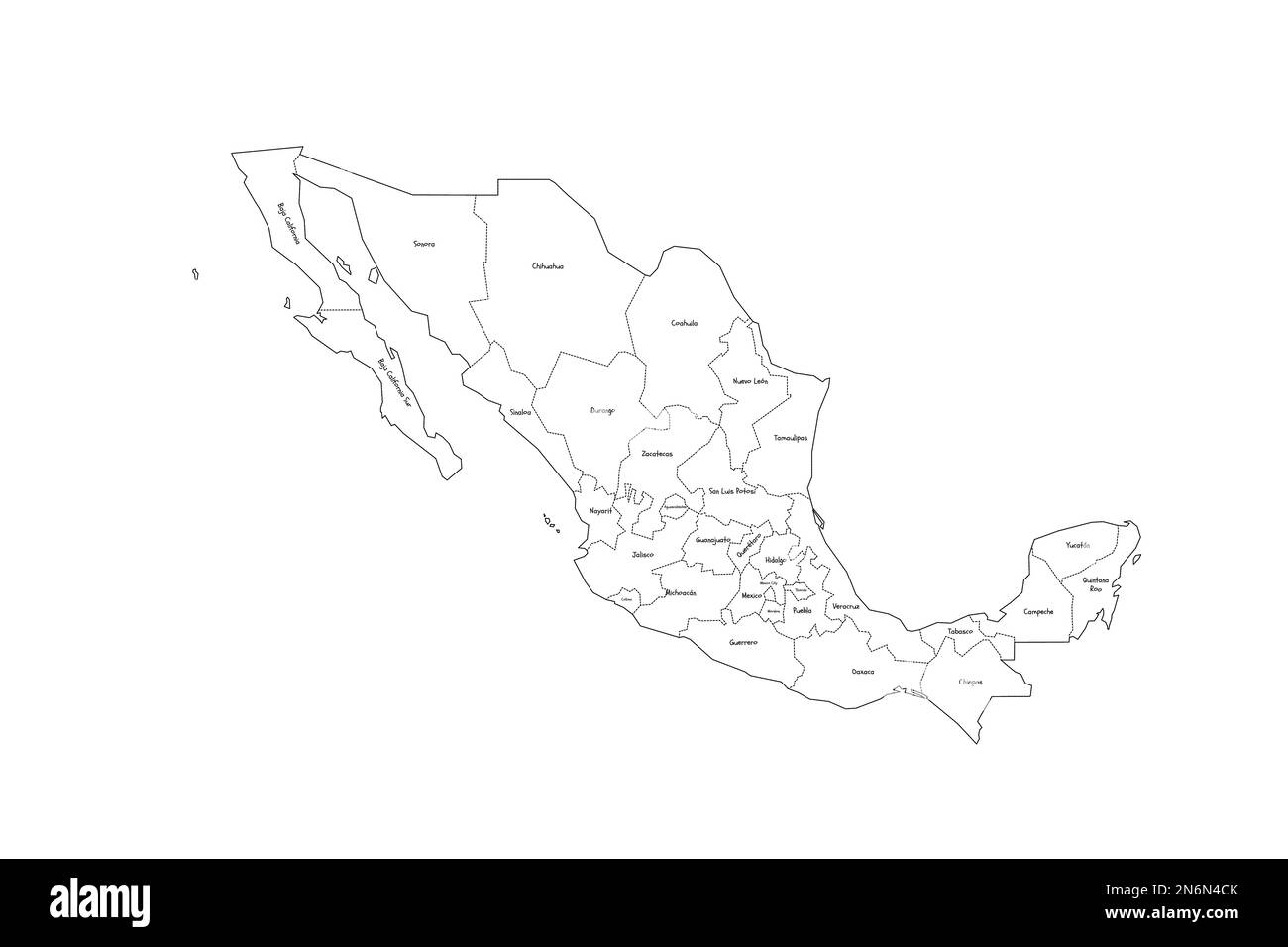 Mexico political map of administrative divisions - states and Mexico City. Handdrawn doodle style map with black outline borders and name labels. Stock Vector