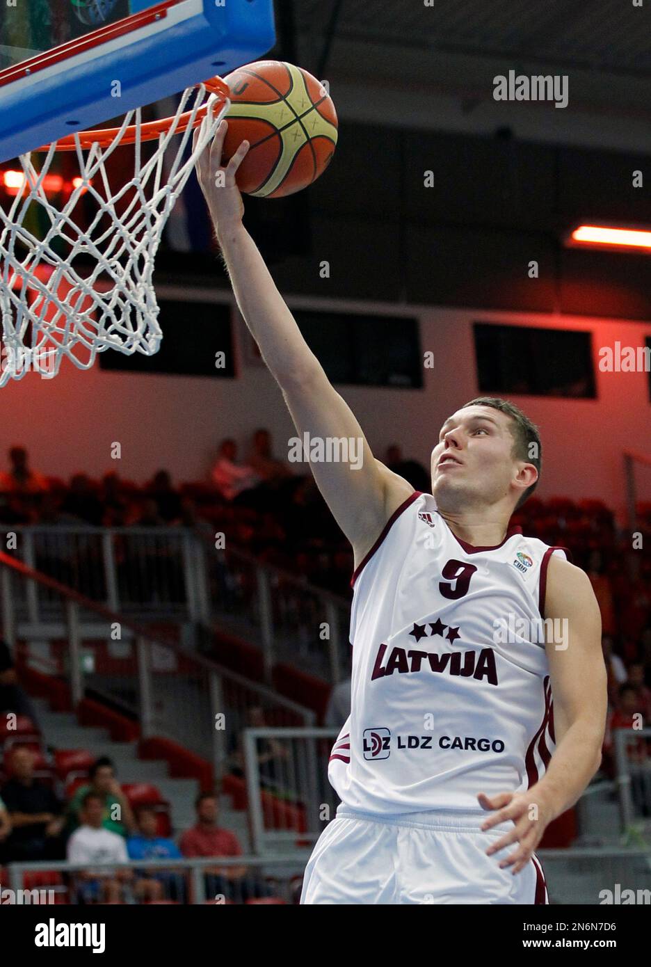 Latvias Dairis Bertans dunks a ball during their EuroBasket European Basketball Championship Group B match against Macedonia, in Podmezakla Arena, in Jesenice, Slovenia, Monday, Sept