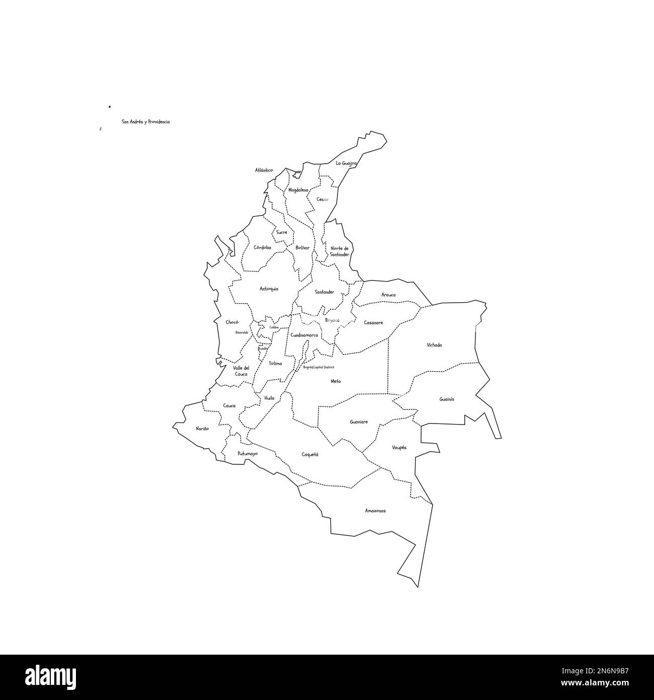 Colombia political map of administrative divisions - departments and capital district. Handdrawn doodle style map with black outline borders and name labels. Stock Vector